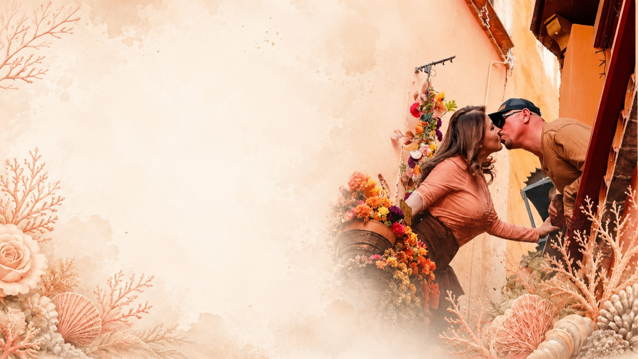 Marilu y Bony compartiendo un beso, rodeados de flores y detalles de coral